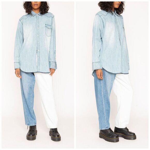 Free People x Sandrine Rose Wide Leg Color Block Retro Jeans in Milky Way - Picture 2 of 14